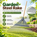 Garden Steel Rake – 24 Teeth, Grey Color, Wooden Handle, 160 cm Total