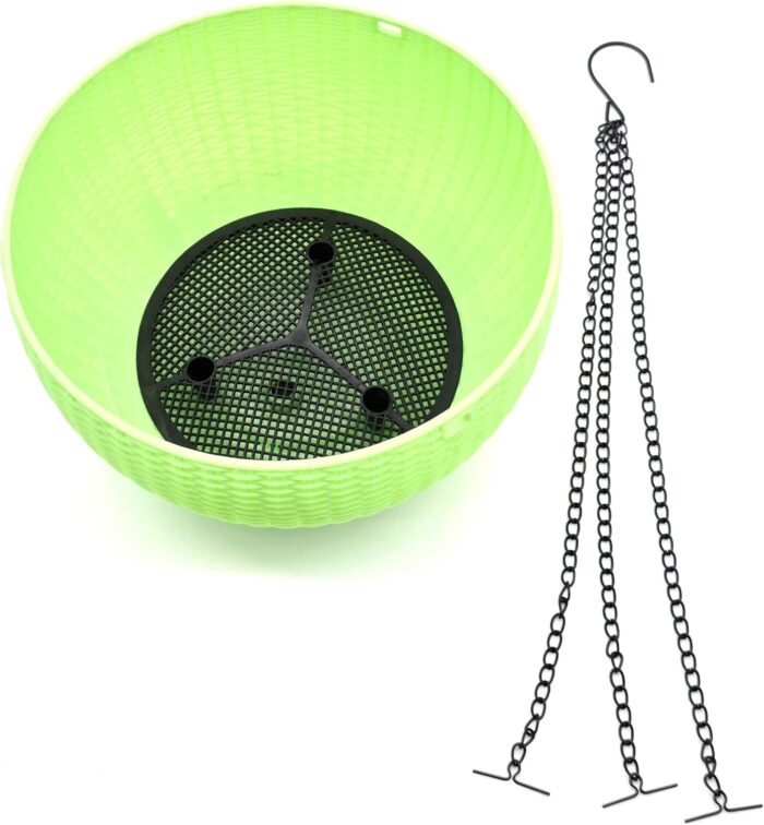 FG ZAIN Plastic Hanging Planter Pot with Woven Texture, Colour - Green