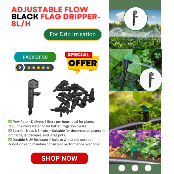 Adjustable Flow Black Dripper for Irrigation, Up to 100 L/H,