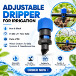 Adjustable Dripper for Irrigation – Blue & Black, 0–260 L/H Flow Rate, Pack of 50, Water Emitters for Drip Systems & Greenhouse Use