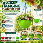 FG ZAIN Plastic Hanging Planter Pot with Woven Texture, Colour – Green
