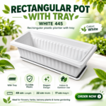 FG ZAIN Rectangular Pot With Tray White 445, Rectangular plastic