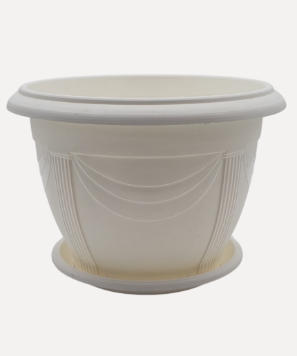 FG ZAIN Plastic Round Pot with Tray, Model 3703, Colour - White, Dimension: 26 CM Diameter X 18 CM Height, Ideal for Plants, Herbs, Flowers, and Fruits, Enhance Your Indoor & Outdoor Spaces