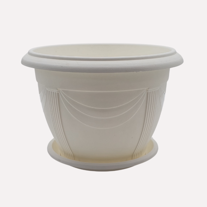 FG ZAIN Plastic Round Pot with Tray, Model 3703, Colour - White, Dimension: 26 CM Diameter X 18 CM Height, Ideal for Plants, Herbs, Flowers, and Fruits, Enhance Your Indoor & Outdoor Spaces