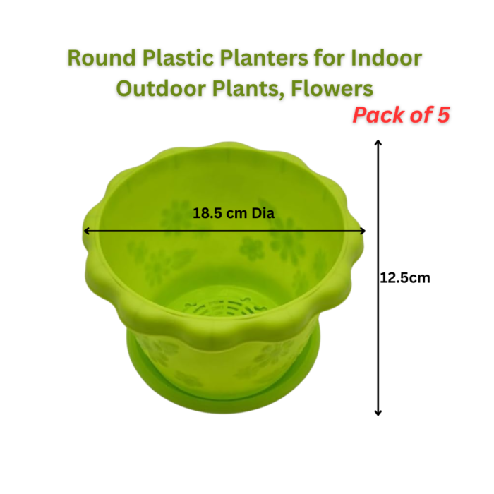 FG ZAIN Round Plastic Planters for Indoor Outdoor Plants, Pack of 5, Color - Green, Flower Pots with Drainage Holes – Lightweight Garden Containers for Herbs, Succulents, and Flowers