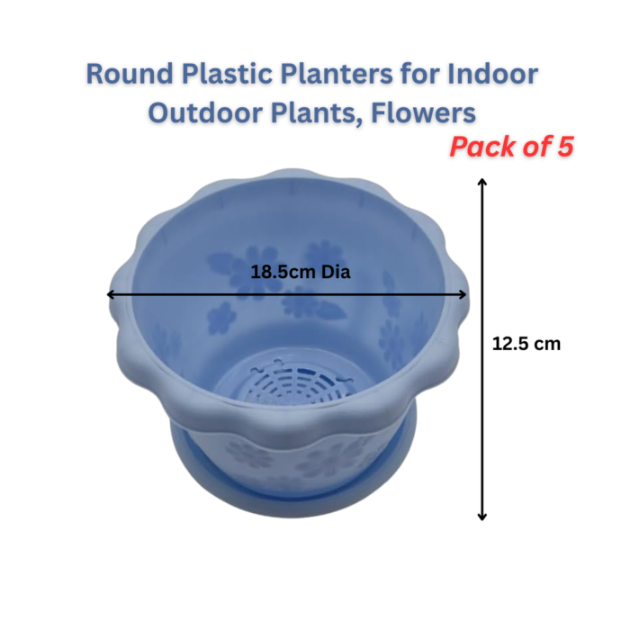 Flower Pots with Drainage Holes – Lightweight Garden Containers for Herbs, Succulents (LIGHT BLUE, 18.5 cm Dia X 12.5 cm Height)
