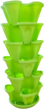 FG ZAIN Vertical Garden Stacked Pot, 6 Tier Stackable Planter with 4 Slots Per Tier & Bottom Tray, Colour - Green