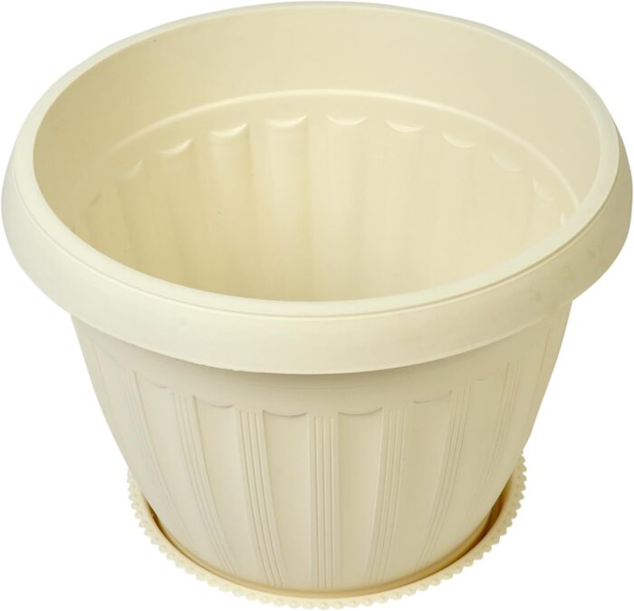 FG ZAIN Plastic Round Pot with Tray, Model 2010, Colour - White, Dimension: 42 CM Diameter X 30 CM Height, 30 Ltr