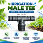 FG ZAIN Irrigation Male Tee 13mm to 1/2 Inch Threaded, Black, Pack of 10