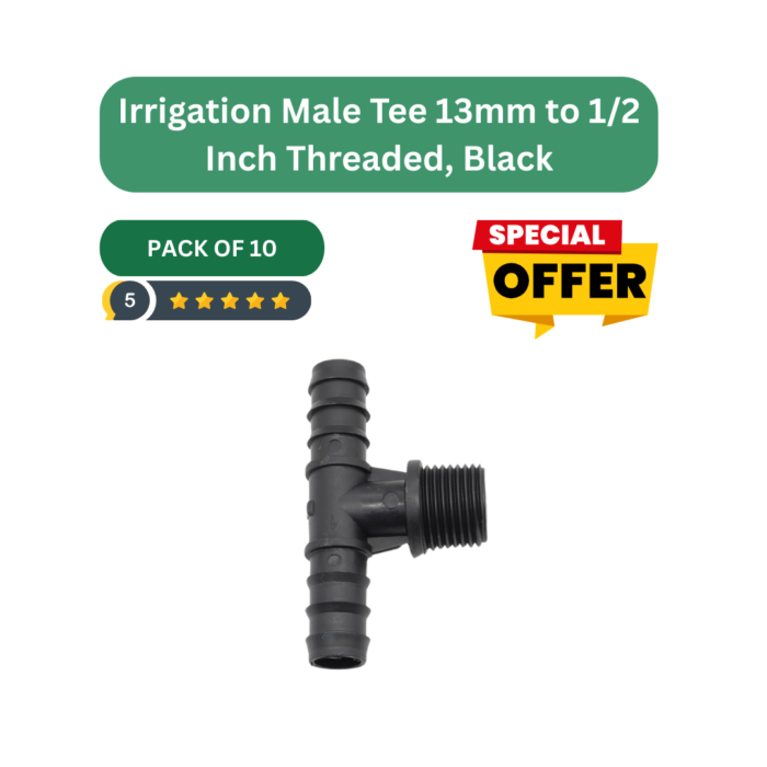 Irrigation Male Tee 13mm to 1/2 Inch Threaded, Black, Pack of 10 – Durable Drip Irrigation Fittings for Garden, Greenhouse, and Landscaping