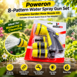 Poweron 8-Pattern Water Spray Gun Set – Includes 1/2 Inch Quick Hose