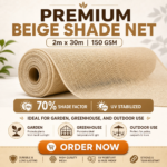 Beige Shade Net 2m x 30m | 150 GSM | 70% Shade Factor